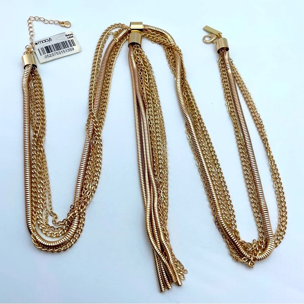 INC Gold Tone Multi-Strand Chain Tassel Necklace NWT 31” Long